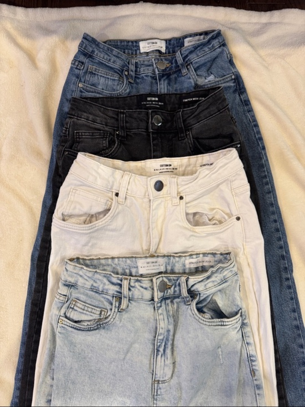 Cotton On Women Stretch Mom Jeans 4 Pairs. Blue, White, Black, Lite Blue. Size 4